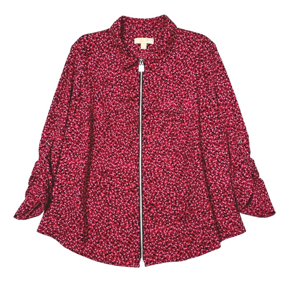 Michael Kors Heart Print Zip Front Blouse 3X Red Pink Roll Tab Sleeve Top - Picture 2 of 7